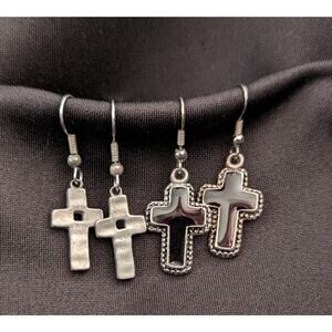 Set of Two Cross Dangle Earrings Silver Toned Metal Silver with Black Enamel